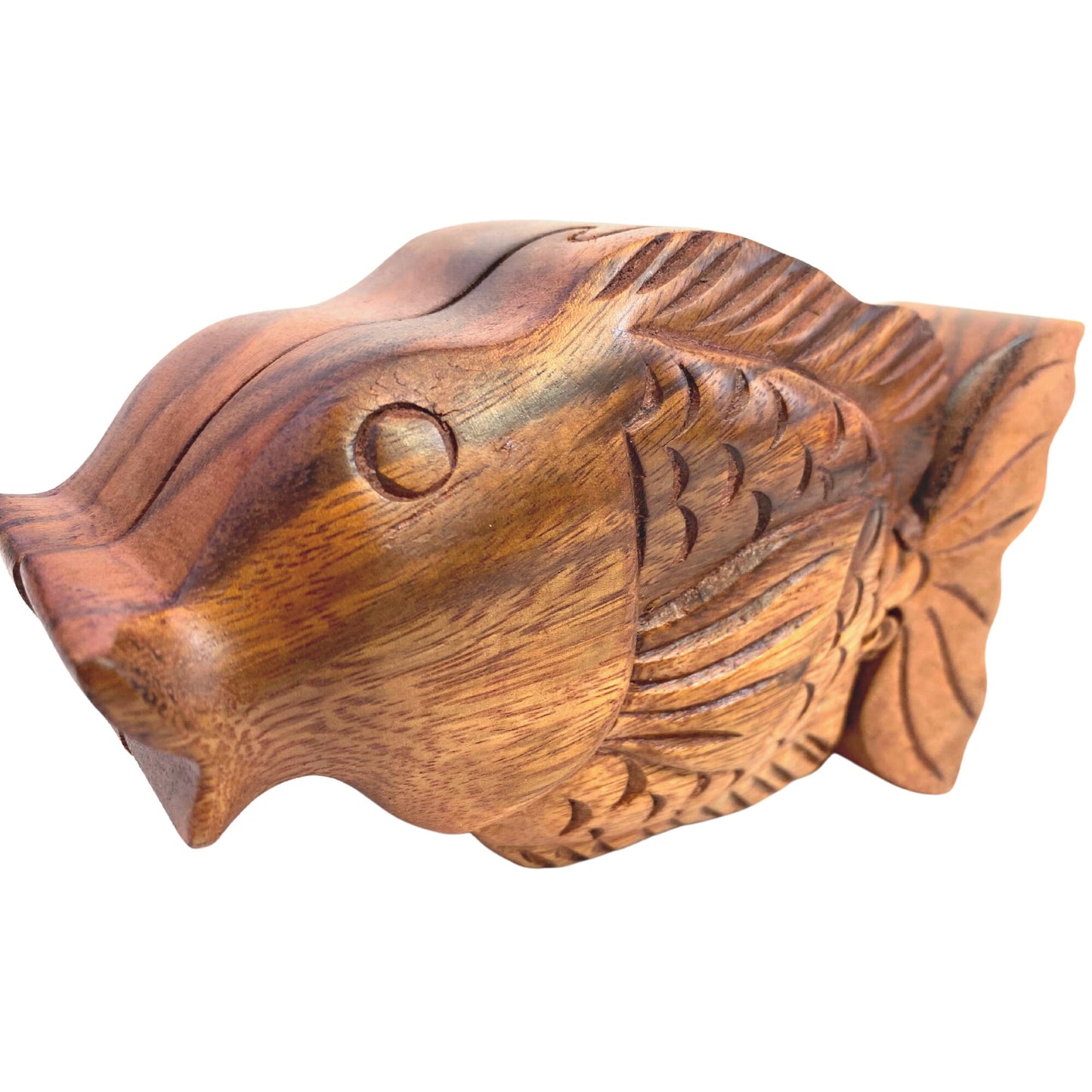 Gold Fish aquatic life Secret Puzzle stash Box Trinket Jewelry gift box Hand Carved Wood Carving handmade Gift Bali Art