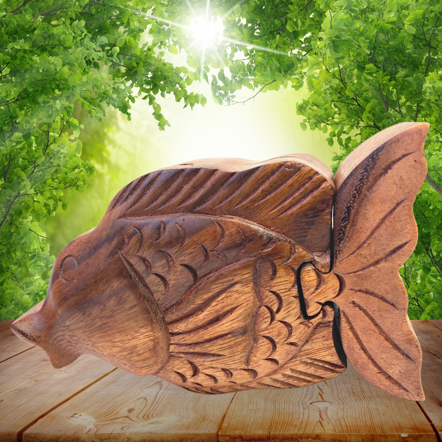 Gold Fish aquatic life Secret Puzzle stash Box Trinket Jewelry gift box Hand Carved Wood Carving handmade Gift Bali Art