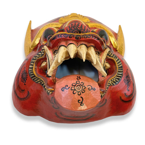 Balinese Demon Mask Horned Mata Tulu Mask Three Eyed Monster Bali Folk Art Hand Carved Wood Carving Red