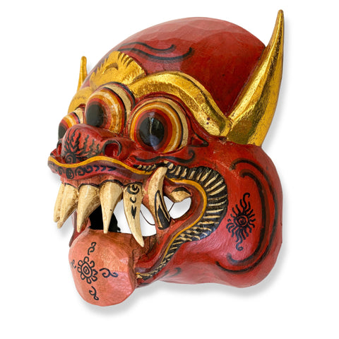 Balinese Demon Mask Horned Mata Tulu Mask Three Eyed Monster Bali Folk Art Hand Carved Wood Carving Red