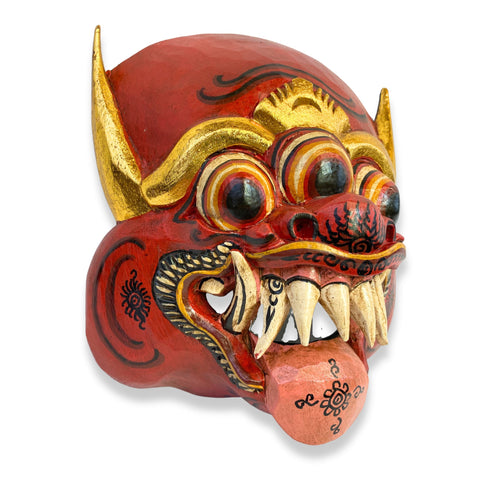 Balinese Demon Mask Horned Mata Tulu Mask Three Eyed Monster Bali Folk Art Hand Carved Wood Carving Red