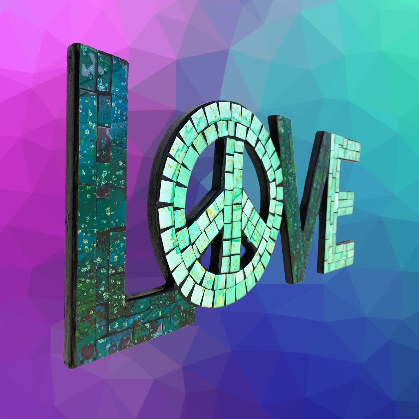 Peace and Love Mosaic Wall Art Plaque Panel Hand Painted Glass Bali Handicraft Boho Decor