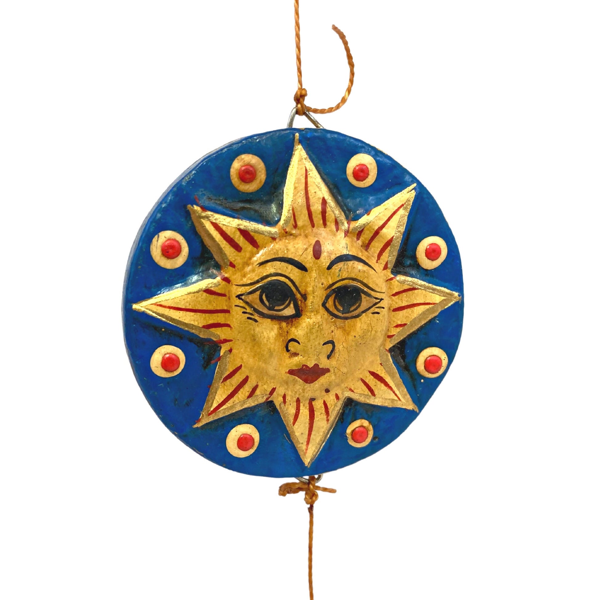 Sun Moon Stars Hanging Mobile Vintage Design Hand Carved Painted Wood Balinese Celestial Bodies Bali Folk Art Man in the Moon Blue - Acadia World Traders