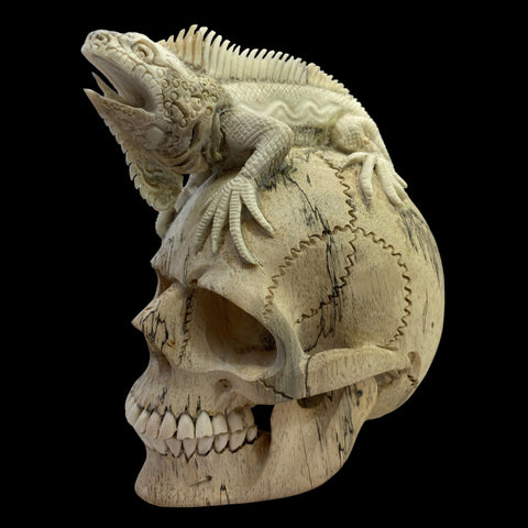 Balinese Human Skull Replica Sculpture Iguana Lizard Hand CARVED Art Bali Wood Carving Art Eclectic Gothic Oddity Home Decor