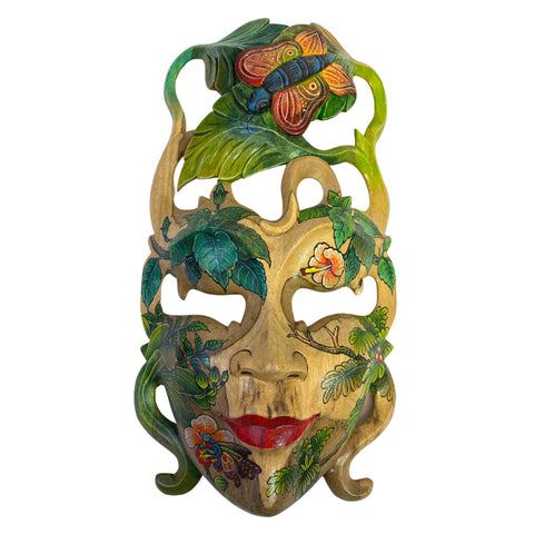 Balinese Jungle Madame Butterfly Dream Mask Hand Carved Wood Carving Wall Decor Bali Folk Art