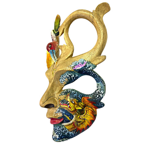 Balinese  Mask Dragon Phoenix Bird Goddess Dream Mask  Abstract Mask Hand Painted Carved Wood Carving Bali Wall Decor Art