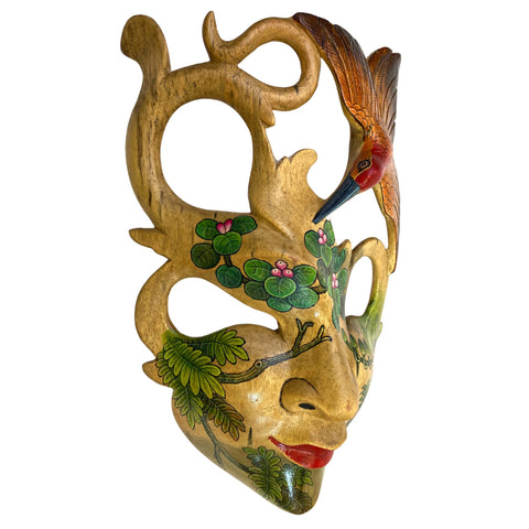 Balinese Forest Nymph Red Bird Dream Mask Dewi Sri Bawang Hand Carved Wood Carving Boho Eclectic Wall Decor Bali Art