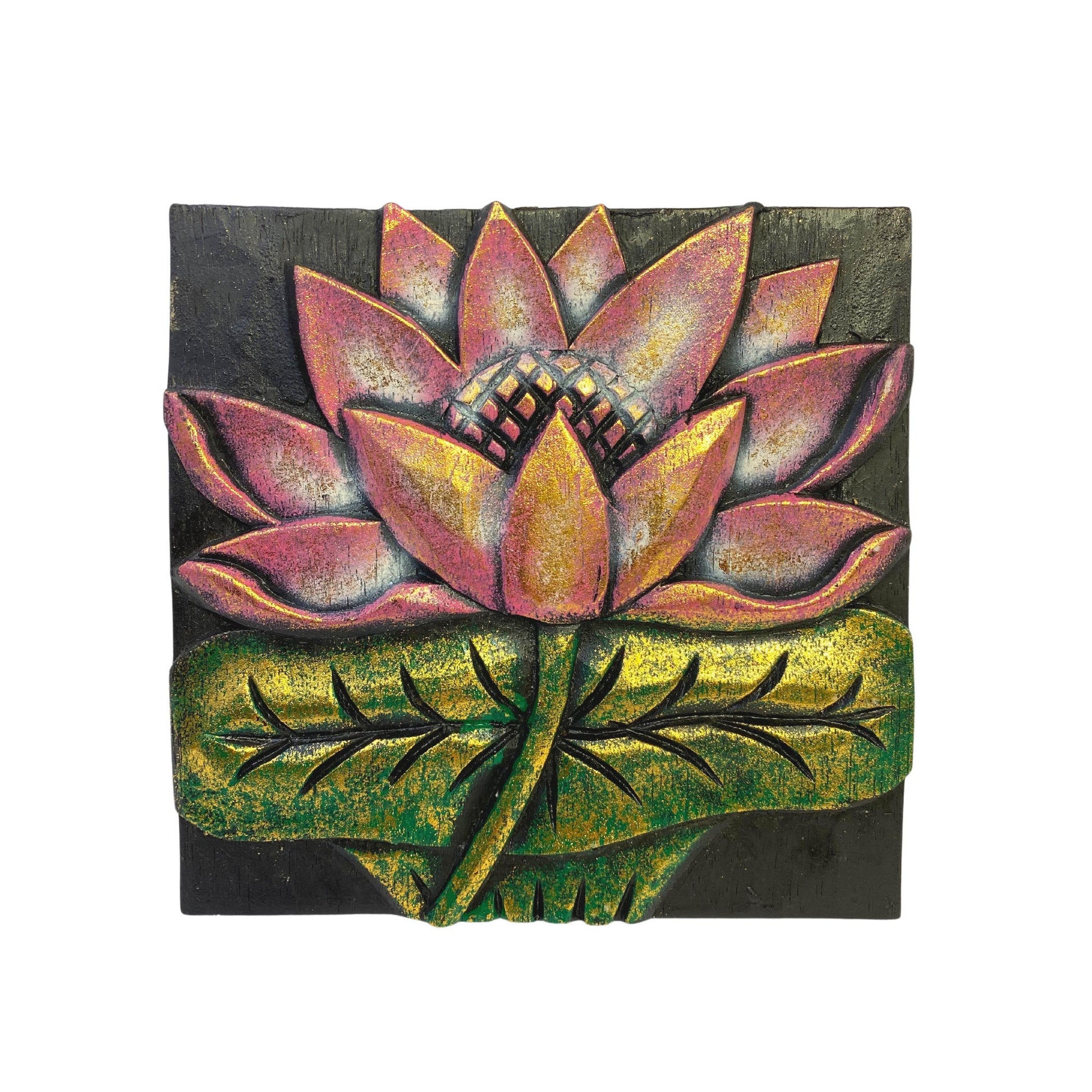 Balinese Lotus Padma Panel Hand Carved Relief Wood Carving Bali wall Art Boho Home Decor - Acadia World Traders