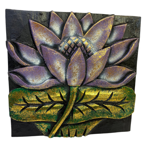 Balinese Lotus Padma Panel Hand Carved Relief Wood Carving Bali wall Art Boho Home Decor