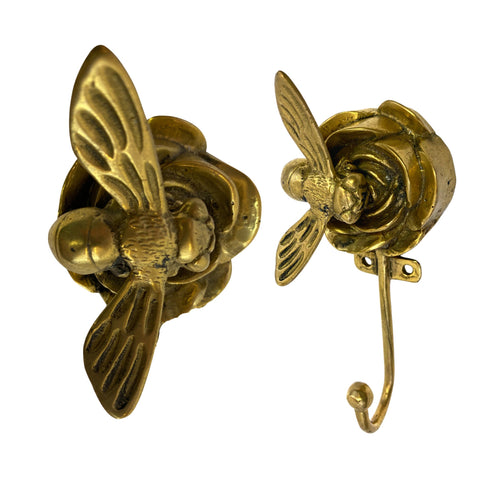 Rose and Bee Wall hook handmade solid brass coat hook gold  metal Home decor