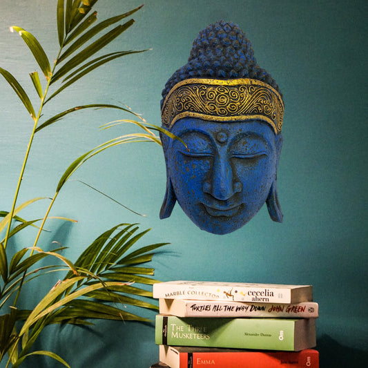 Hand Carved Blue Buddha Mask: Balinese Wood Carving Wall Art Decor (16")