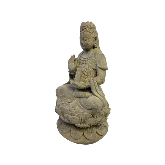 Seated Kwan Yin Guanyin Garden Statue Bodhisattva of Compassion Buddha Goddess Cast Handmade Lava stone Eclectic Asian  Decor sculpture - Acadia World Traders