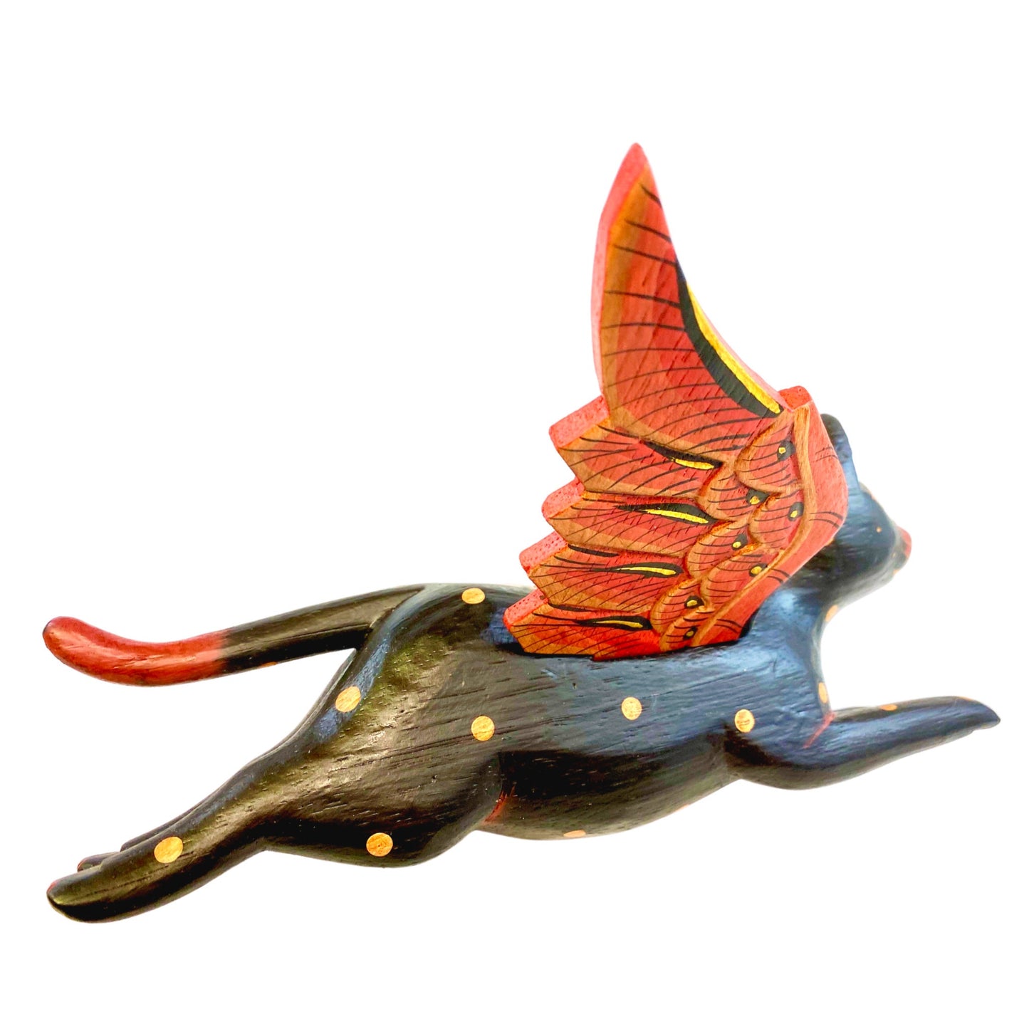Winged Flying Black Cat Mobile spiritchaser Balinese carved wood Bali Art 10"