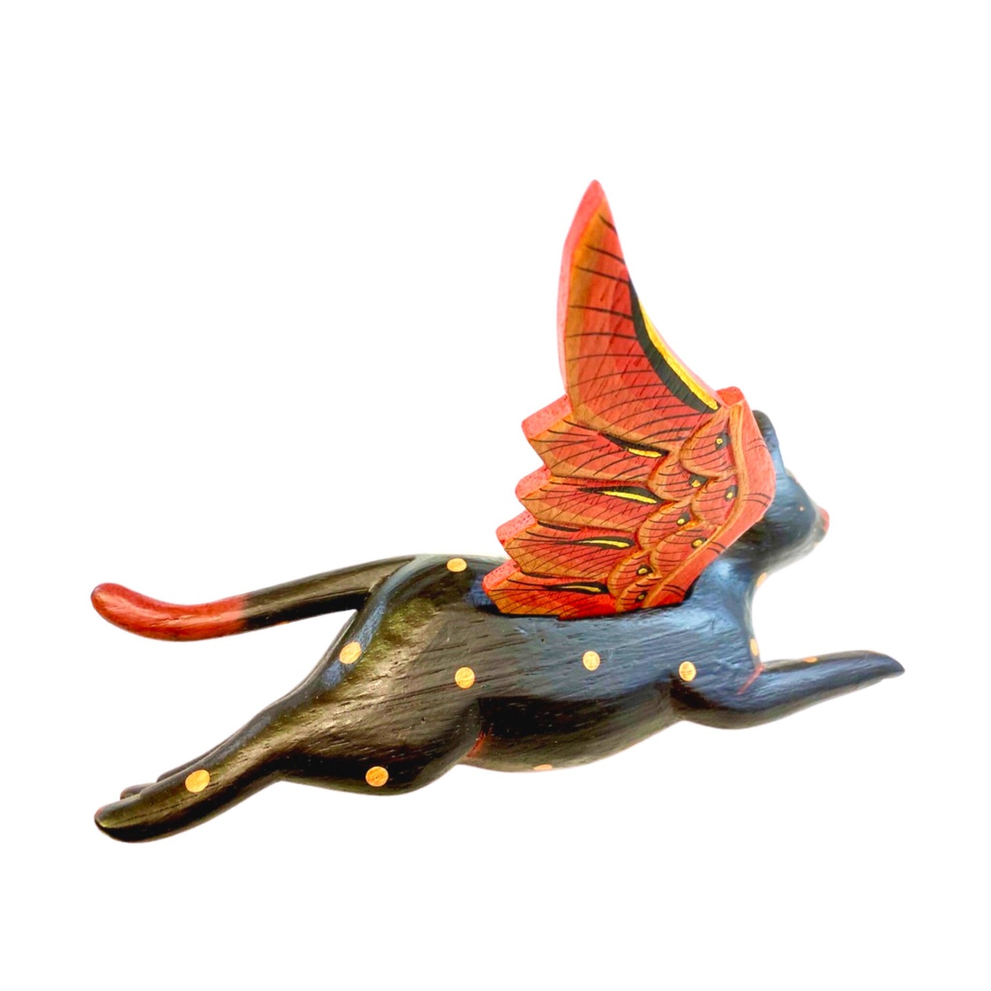 Winged Flying Black Cat Mobile spiritchaser Balinese carved wood Bali Art 10"