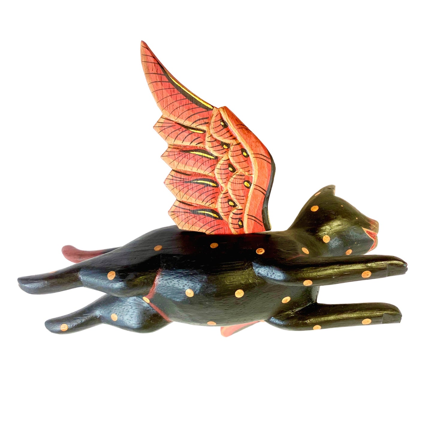 Winged Flying Black Cat Mobile spiritchaser Balinese carved wood Bali Art 10"