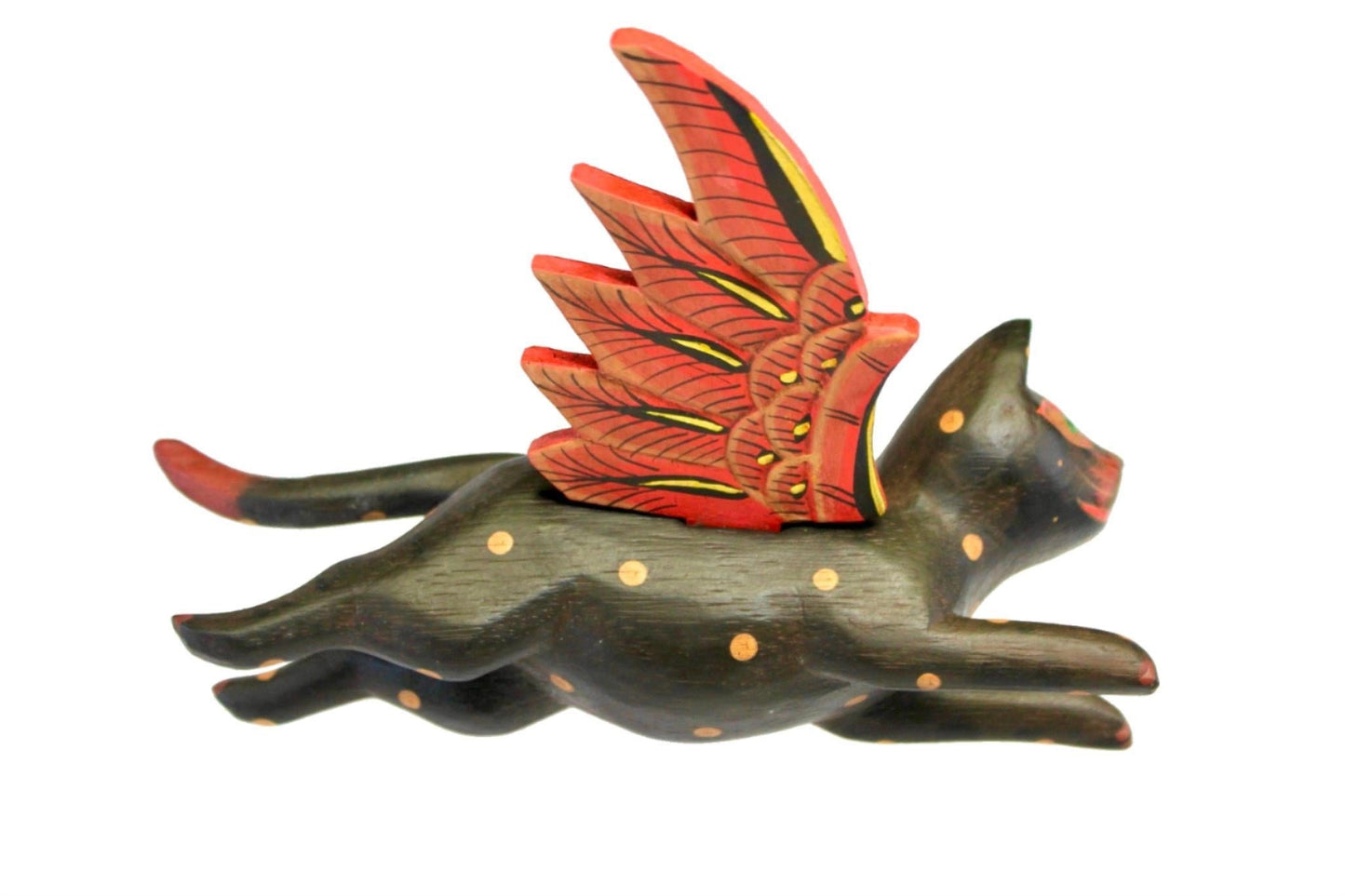Winged BLACK CAT MOBILE Flying Demon Chaser carved wood Balinese Folk Art 8"