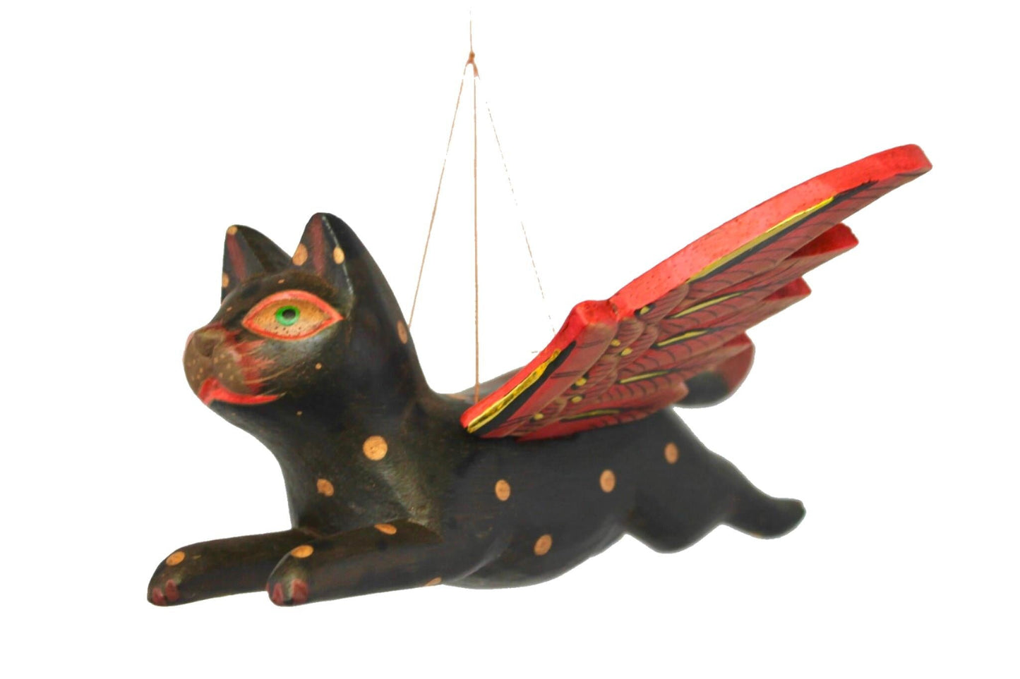 Winged BLACK CAT MOBILE Flying Demon Chaser carved wood Balinese Folk Art 8"