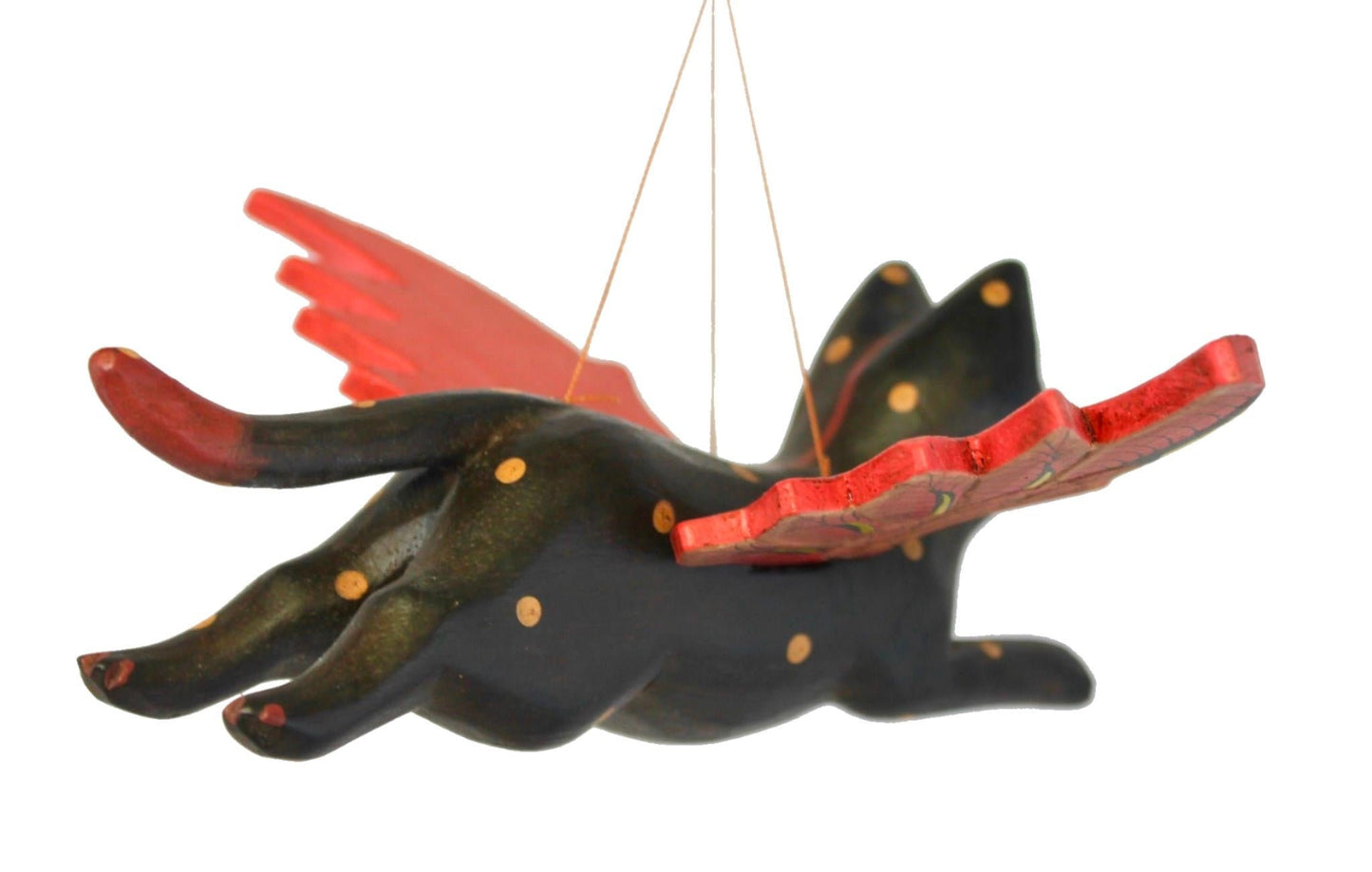 Winged BLACK CAT MOBILE Flying Demon Chaser carved wood Balinese Folk Art 8"
