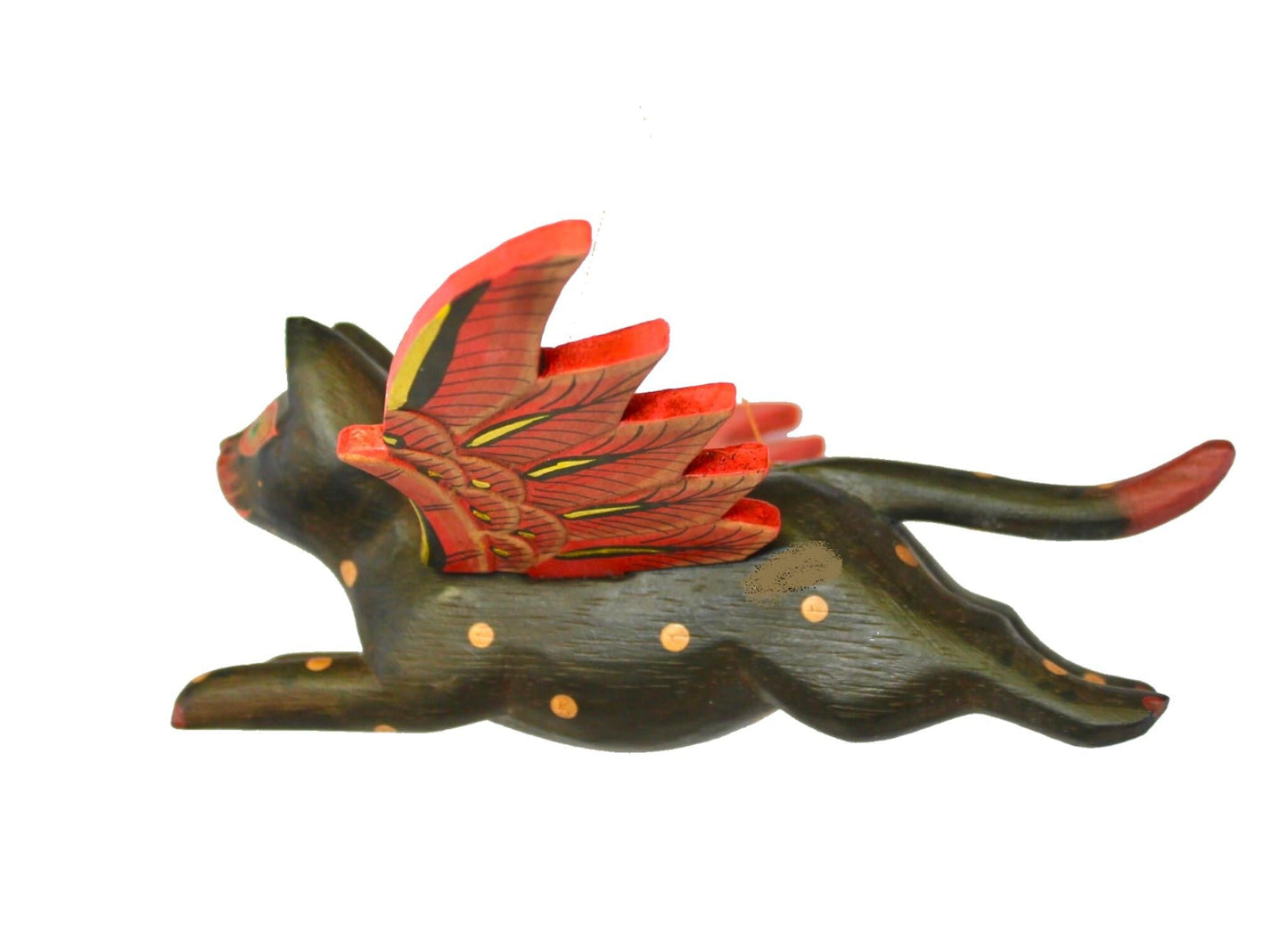 Winged BLACK CAT MOBILE Flying Demon Chaser carved wood Balinese Folk Art 8"