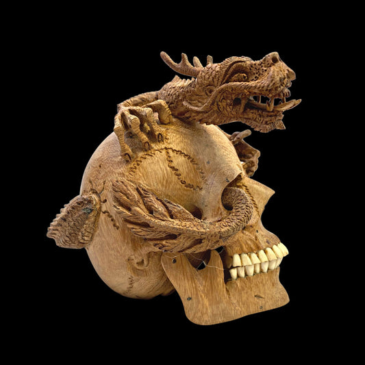 Balinese Skull Sculpture Dragon Naga Hand CARVED Art Bali Wood Carving Art Eclectic Gothic  Oddity Home Decor