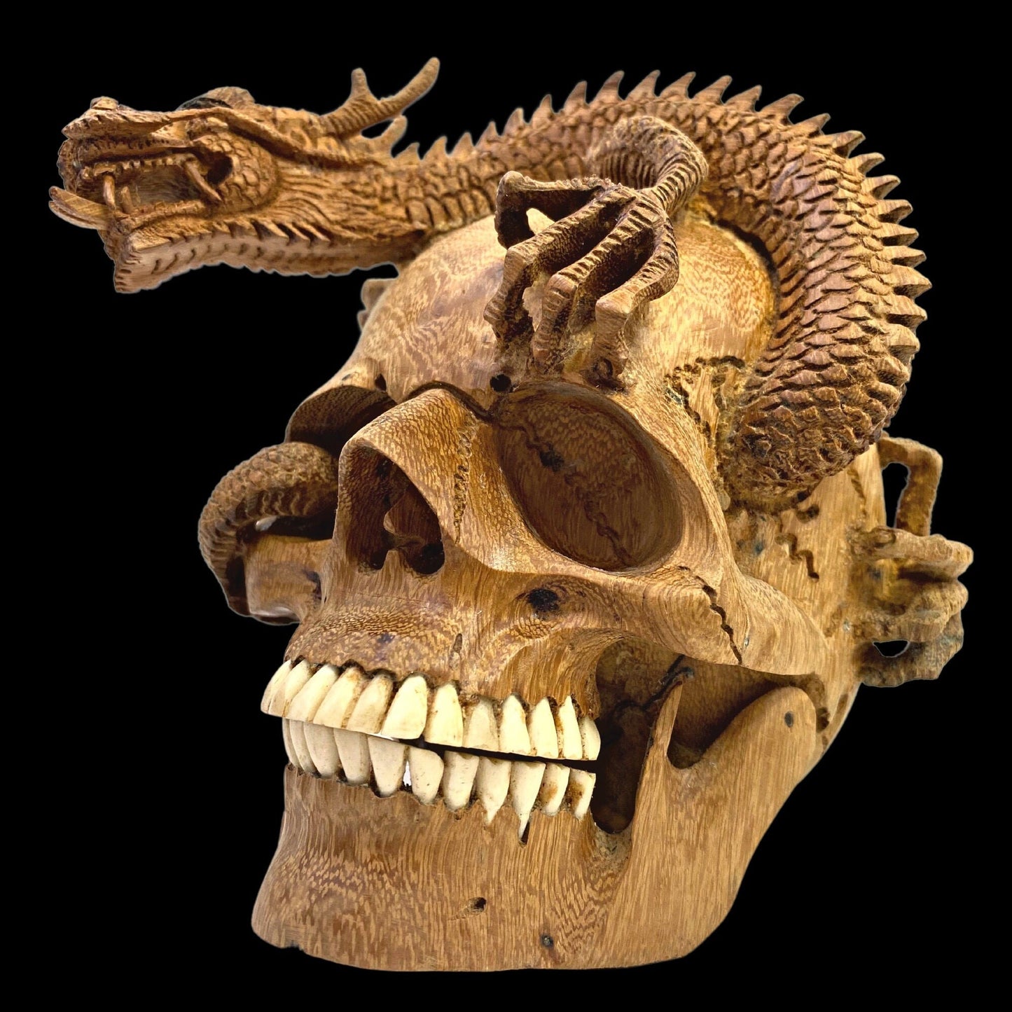 Balinese Skull Sculpture Dragon Naga Hand CARVED Art Bali Wood Carving Art Eclectic Gothic  Oddity Home Decor