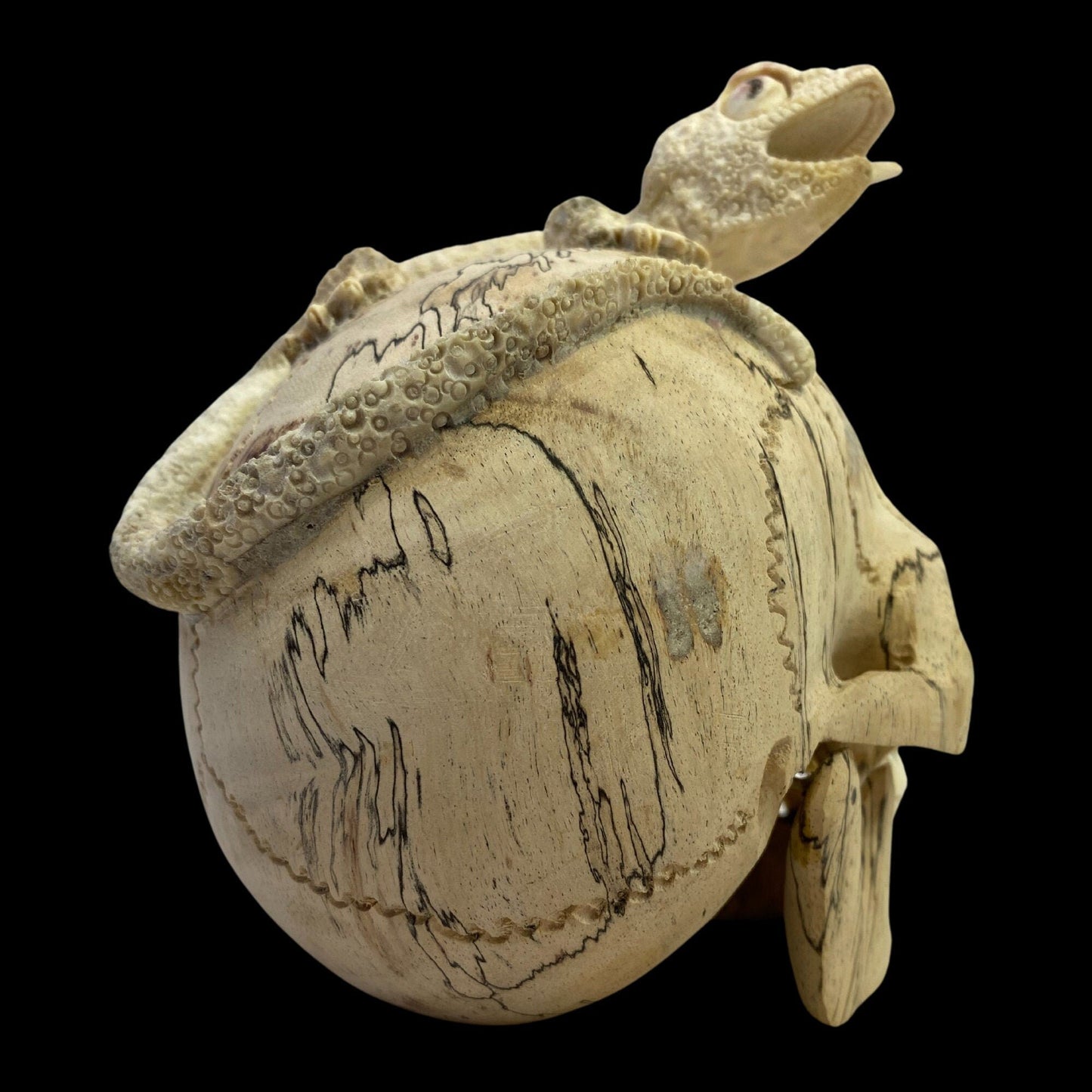 Balinese Human Skull Replica Sculpture Gecko Lizard Hand CARVED Art Bali Wood Carving Art Eclectic Gothic Oddity Home Decor