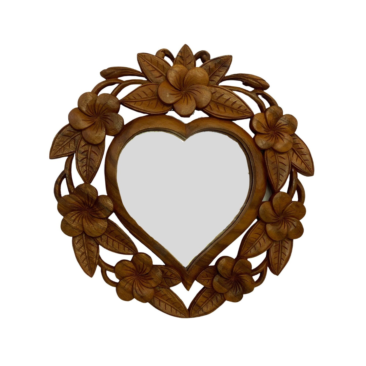Carved Heart Mirror Handmade Frangipani Plumeria Floral Relief Bali Wall art Suar Wood Carving home decor Looking Glass Balinese art