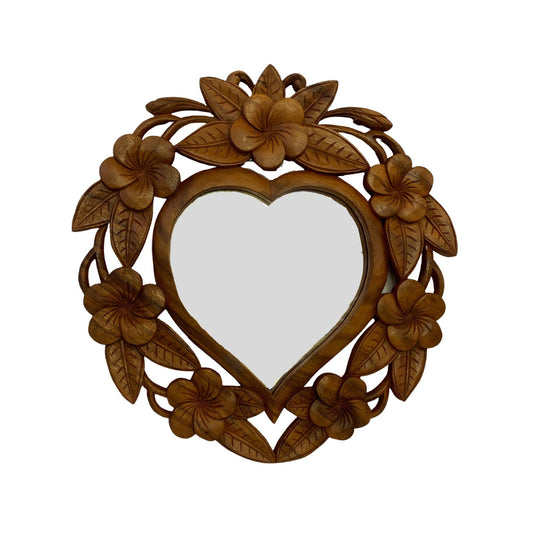 Carved Heart Mirror Handmade Frangipani Plumeria Floral Relief Bali Wall art Suar Wood Carving home decor Looking Glass Balinese art