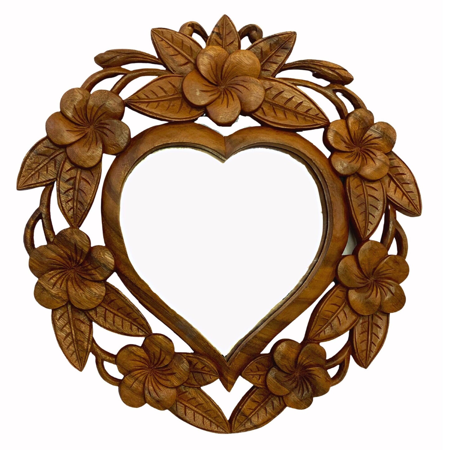 Carved Heart Mirror Handmade Frangipani Plumeria Floral Relief Bali Wall art Suar Wood Carving home decor Looking Glass Balinese art