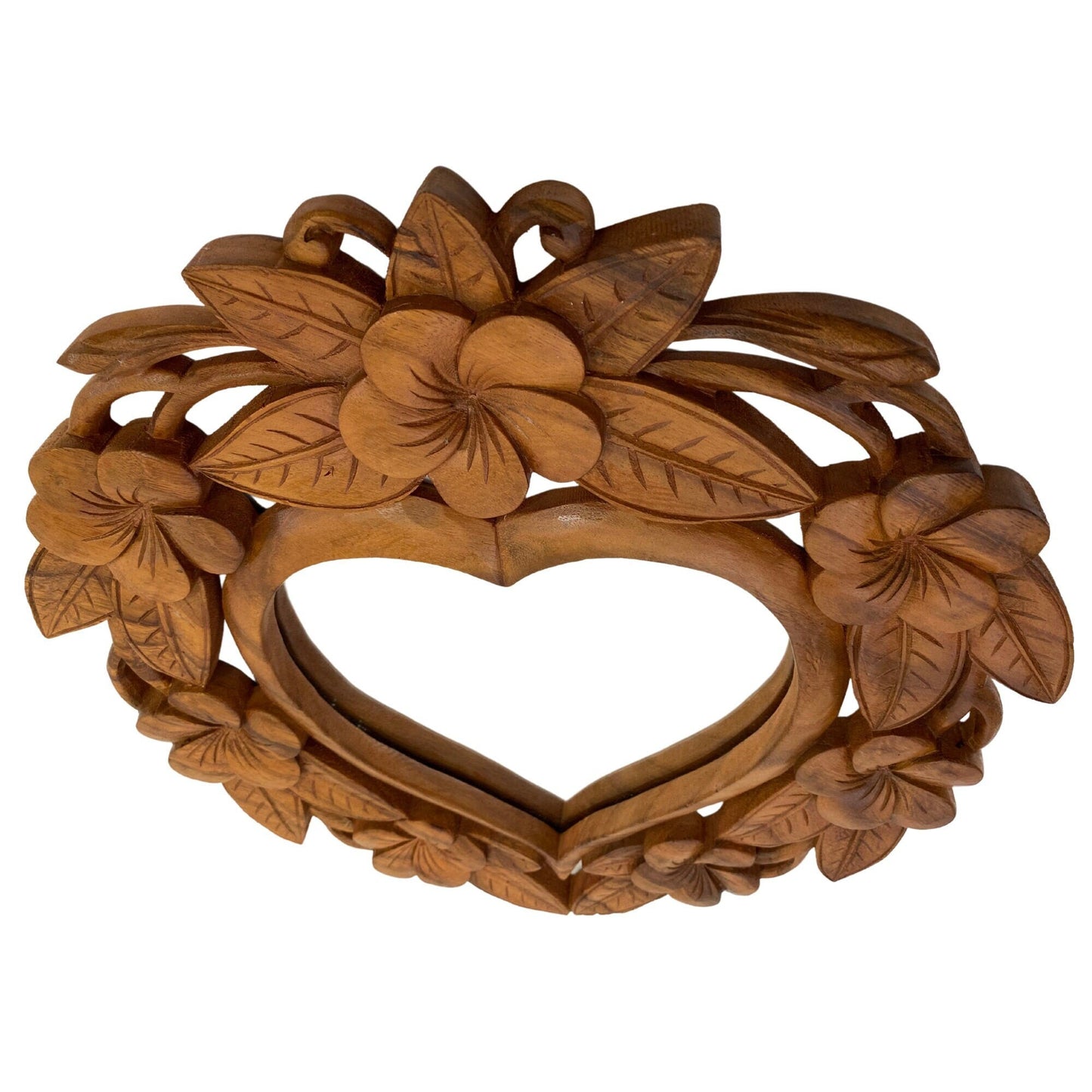 Carved Heart Mirror Handmade Frangipani Plumeria Floral Relief Bali Wall art Suar Wood Carving home decor Looking Glass Balinese art