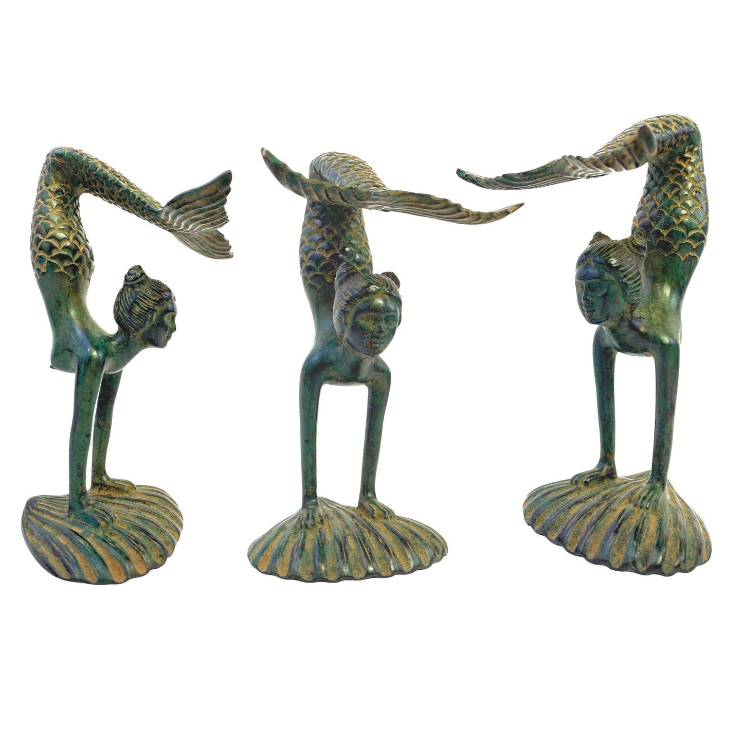 Art Nouveau Bronze Yoga Mermaid Statue: Lost Wax Cast Metal Sculpture,  Green Verdigris Patina