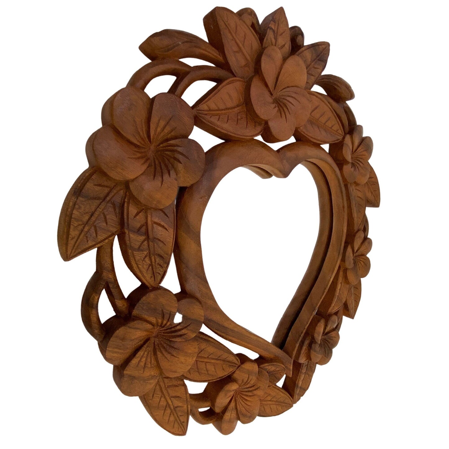 Carved Heart Mirror Handmade Frangipani Plumeria Floral Relief Bali Wall art Suar Wood Carving home decor Looking Glass Balinese art