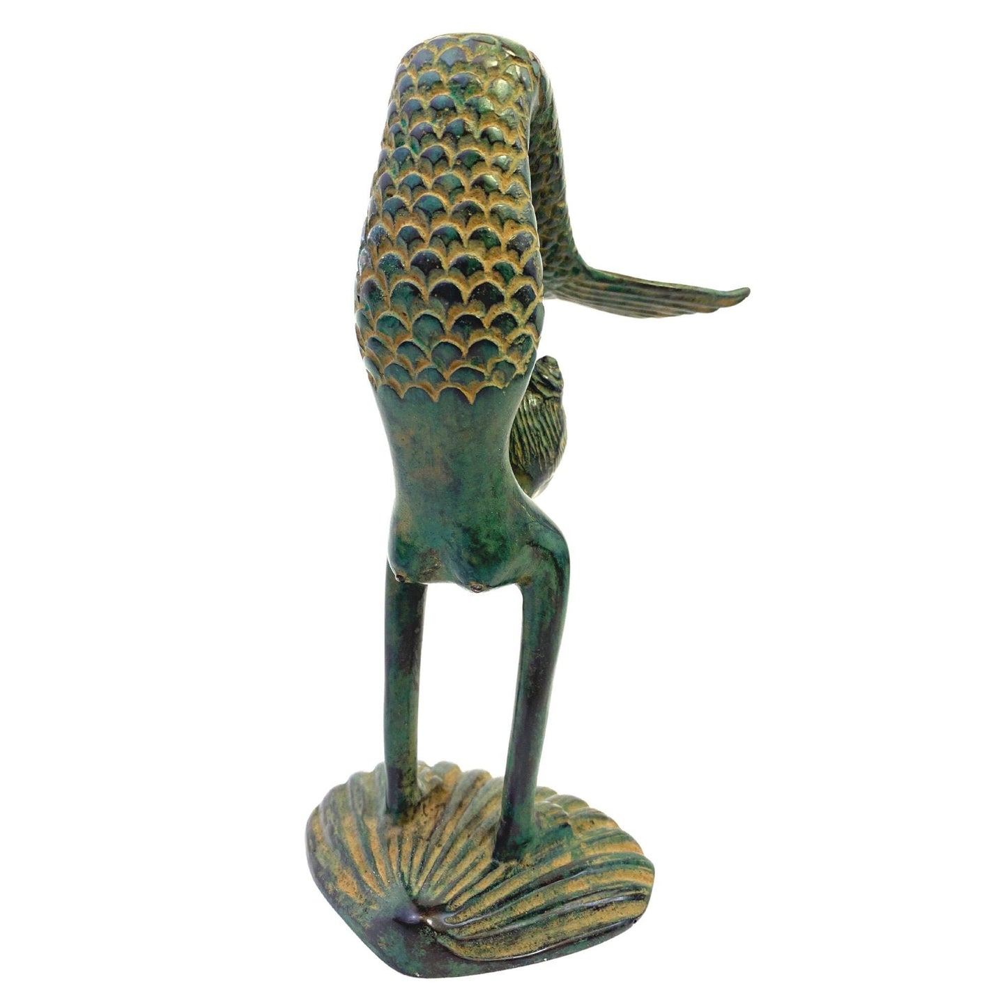 Art Nouveau Bronze Yoga Mermaid Statue: Lost Wax Cast Metal Sculpture,  Green Verdigris Patina