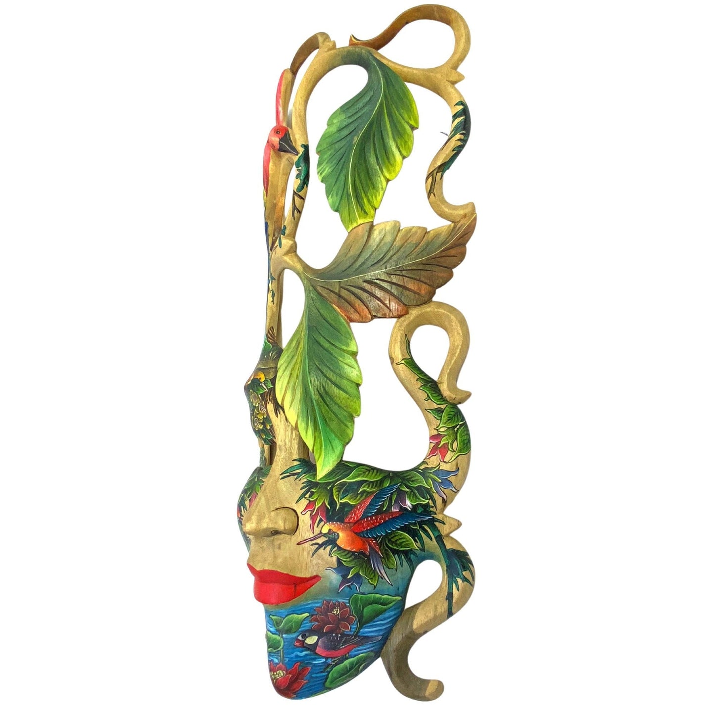 Balinese Dewi Bawang Goddess Mask: Hand-Carved Painted Wood Wall Decor