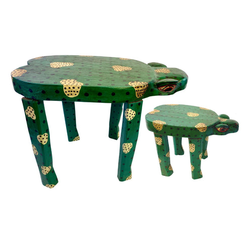 Lucky Green Frog Toad Plant Stand Stool Riser Balinese Hand Carved Wood Amphibian Bali Folk Art Gift for Frog Lover