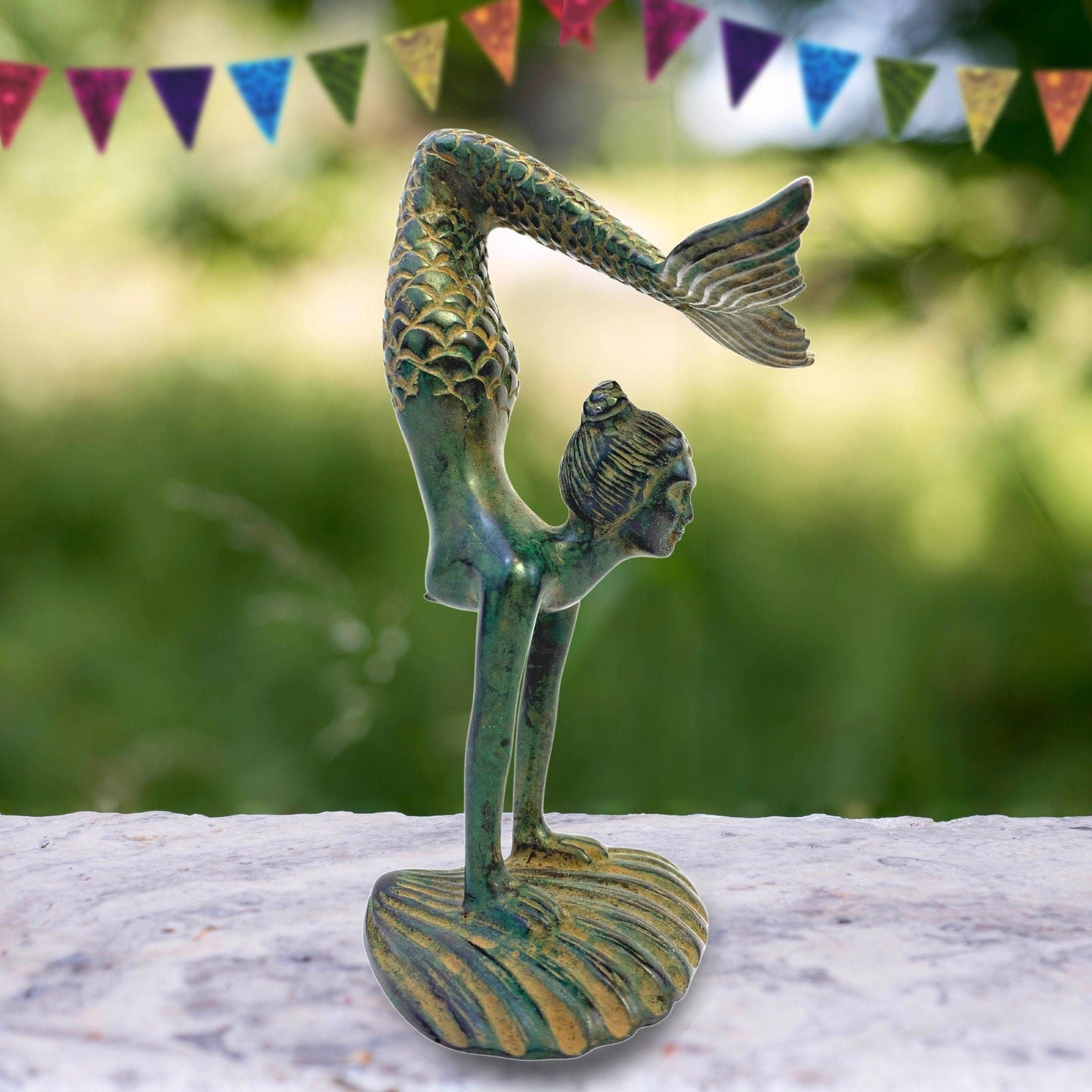 Art Nouveau Bronze Yoga Mermaid Statue: Lost Wax Cast Metal Sculpture,  Green Verdigris Patina