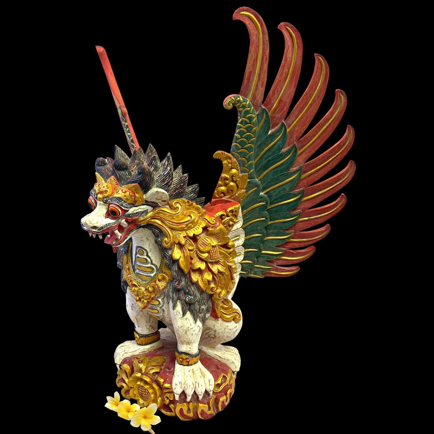 Balinese Wood Carving Singa Barong Sculpture: Polychrome Carved Wood Temple Statue, Winged Mythical Lion