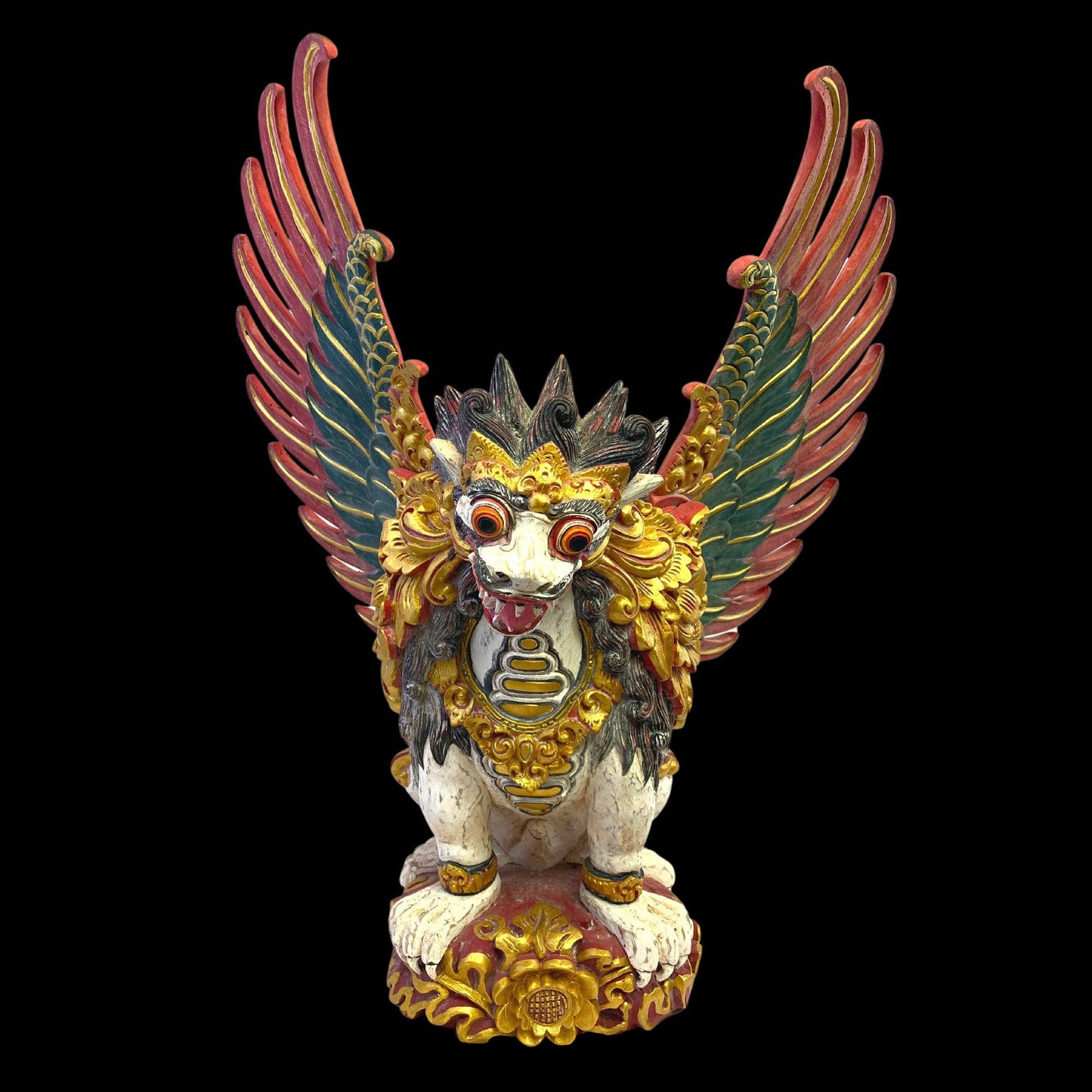 Balinese Wood Carving Singa Barong Sculpture: Polychrome Carved Wood Temple Statue, Winged Mythical Lion