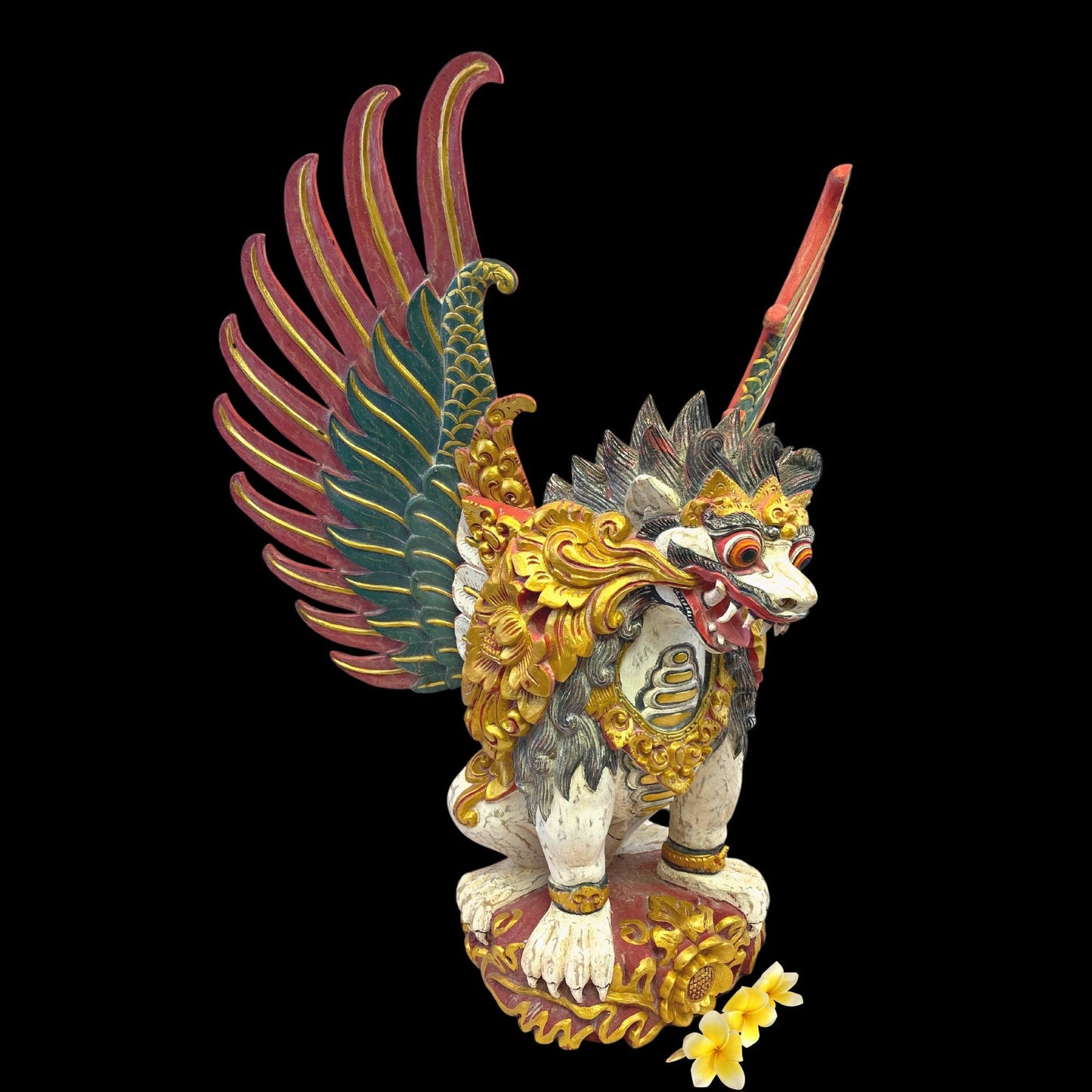 Balinese Wood Carving Singa Barong Sculpture: Polychrome Carved Wood Temple Statue, Winged Mythical Lion