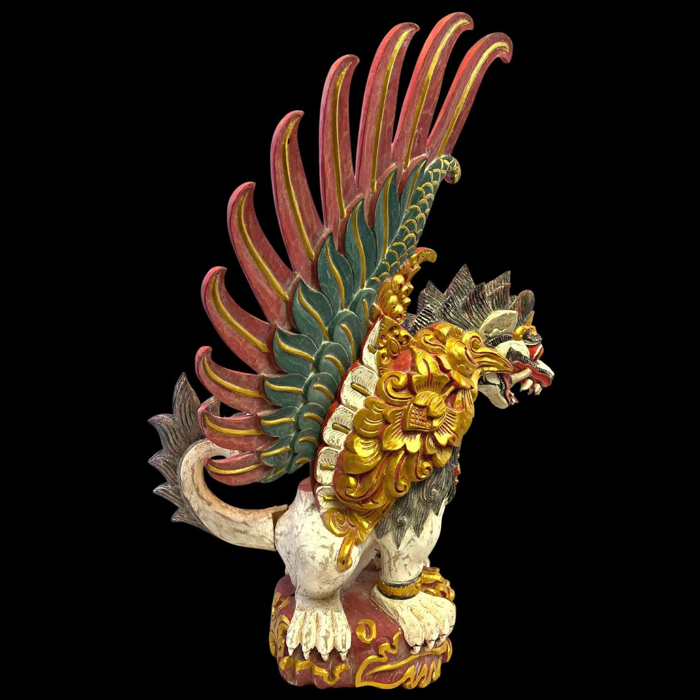 Balinese Wood Carving Singa Barong Sculpture: Polychrome Carved Wood Temple Statue, Winged Mythical Lion