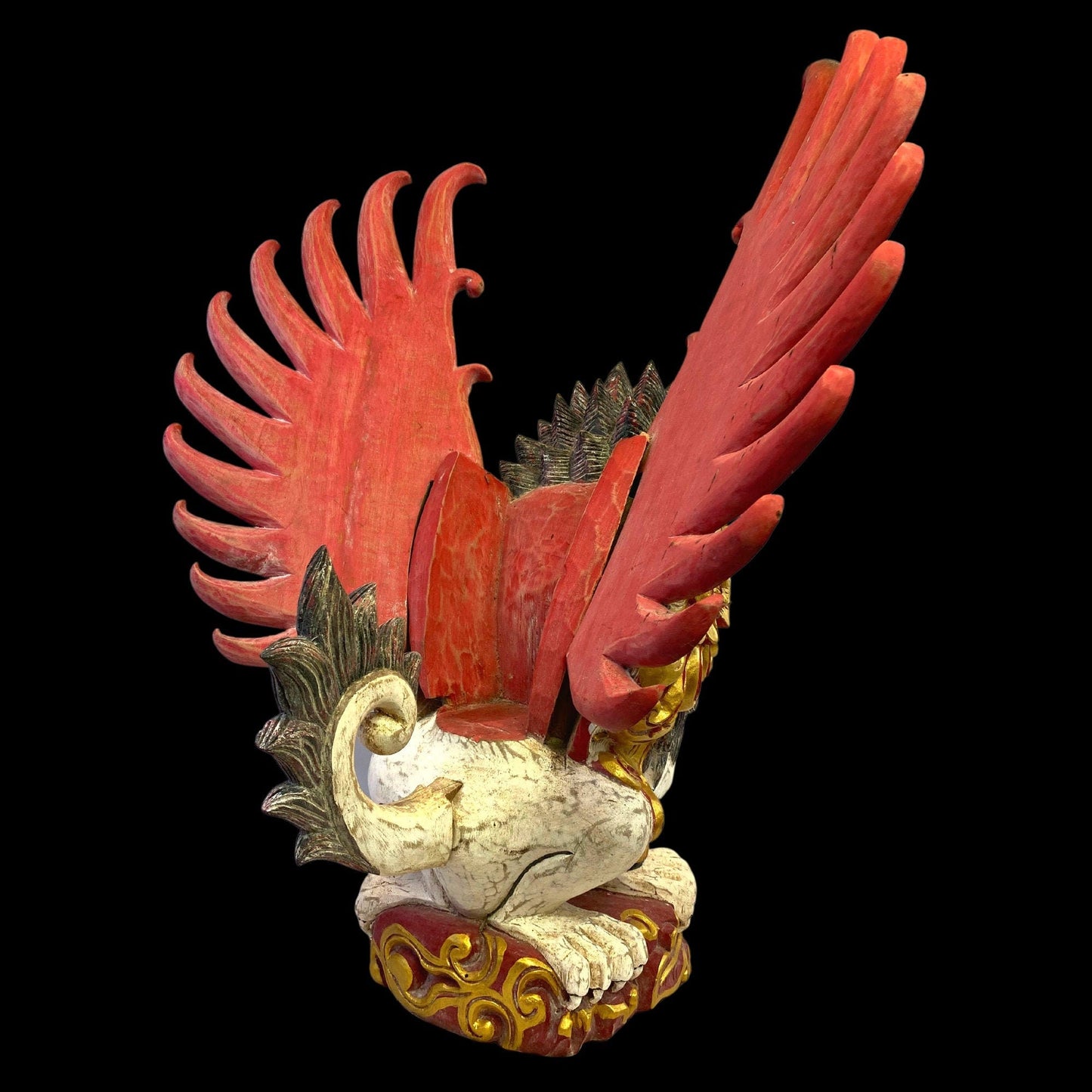 Balinese Wood Carving Singa Barong Sculpture: Polychrome Carved Wood Temple Statue, Winged Mythical Lion