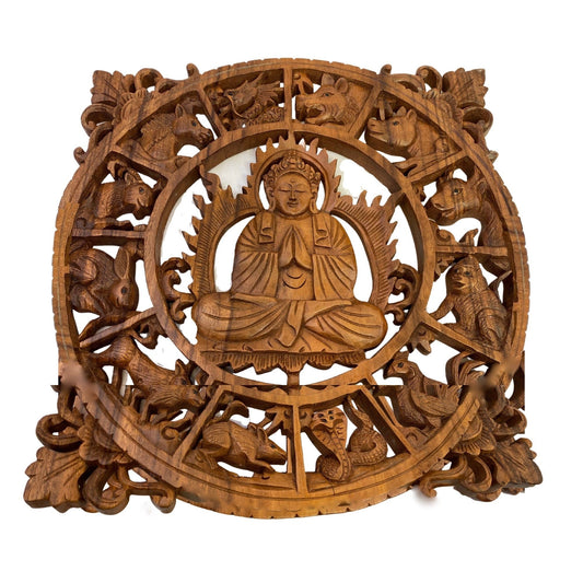 Chinese Zodiac Buddha Panel Hand Carved Suar Wood Carving Bali Wall Sculpture Asian Art