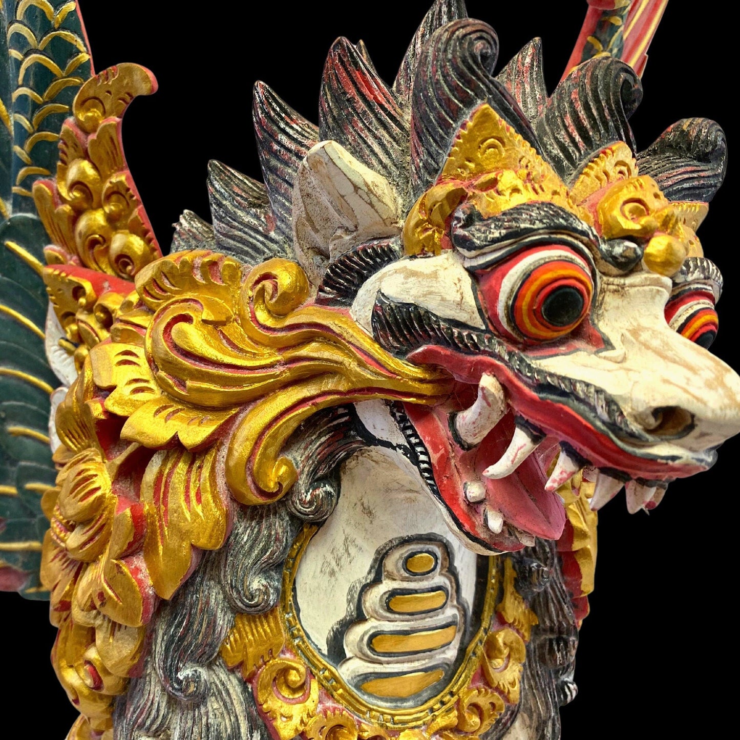 Balinese Wood Carving Singa Barong Sculpture: Polychrome Carved Wood Temple Statue, Winged Mythical Lion