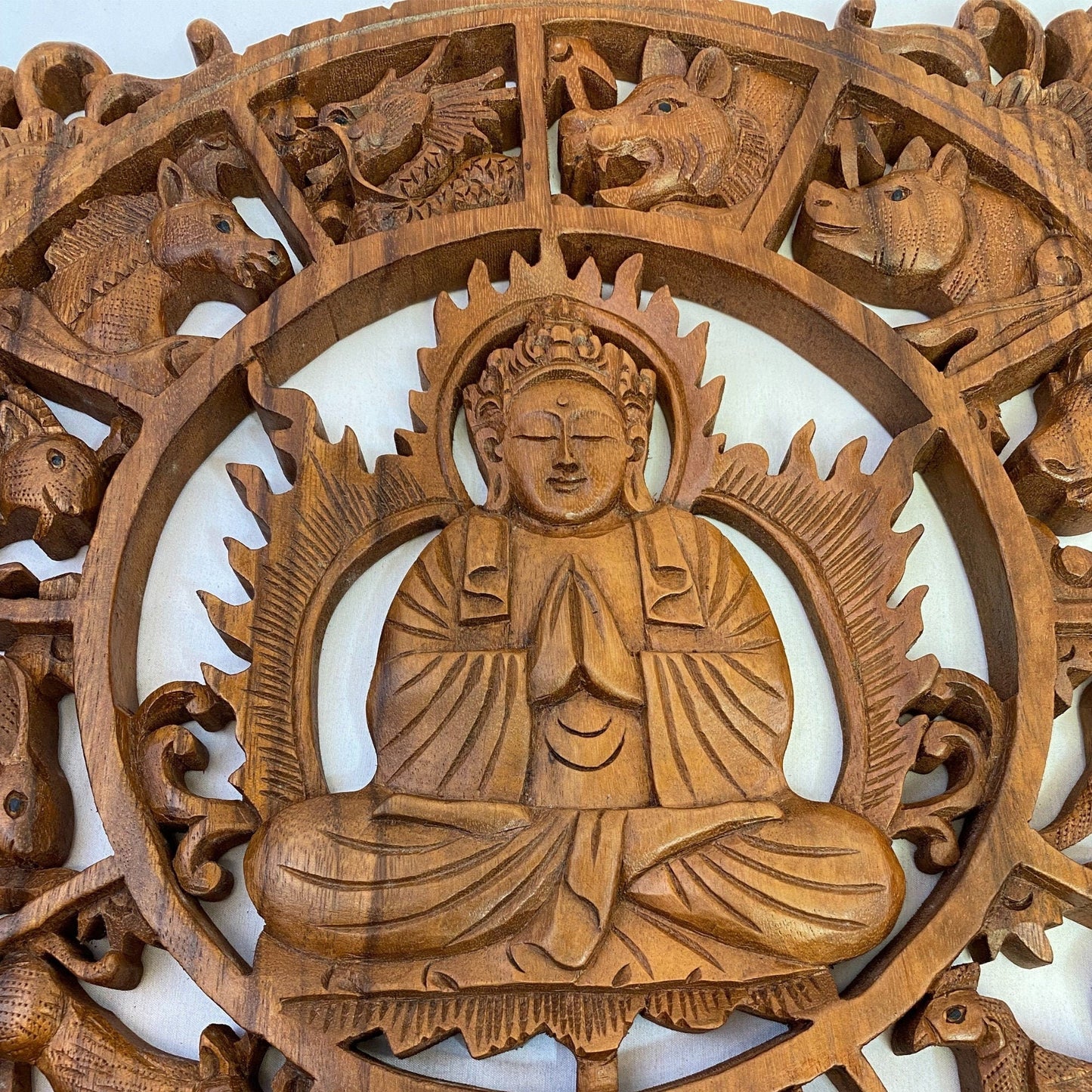 Chinese Zodiac Buddha Panel Hand Carved Suar Wood Carving Bali Wall Sculpture Asian Art