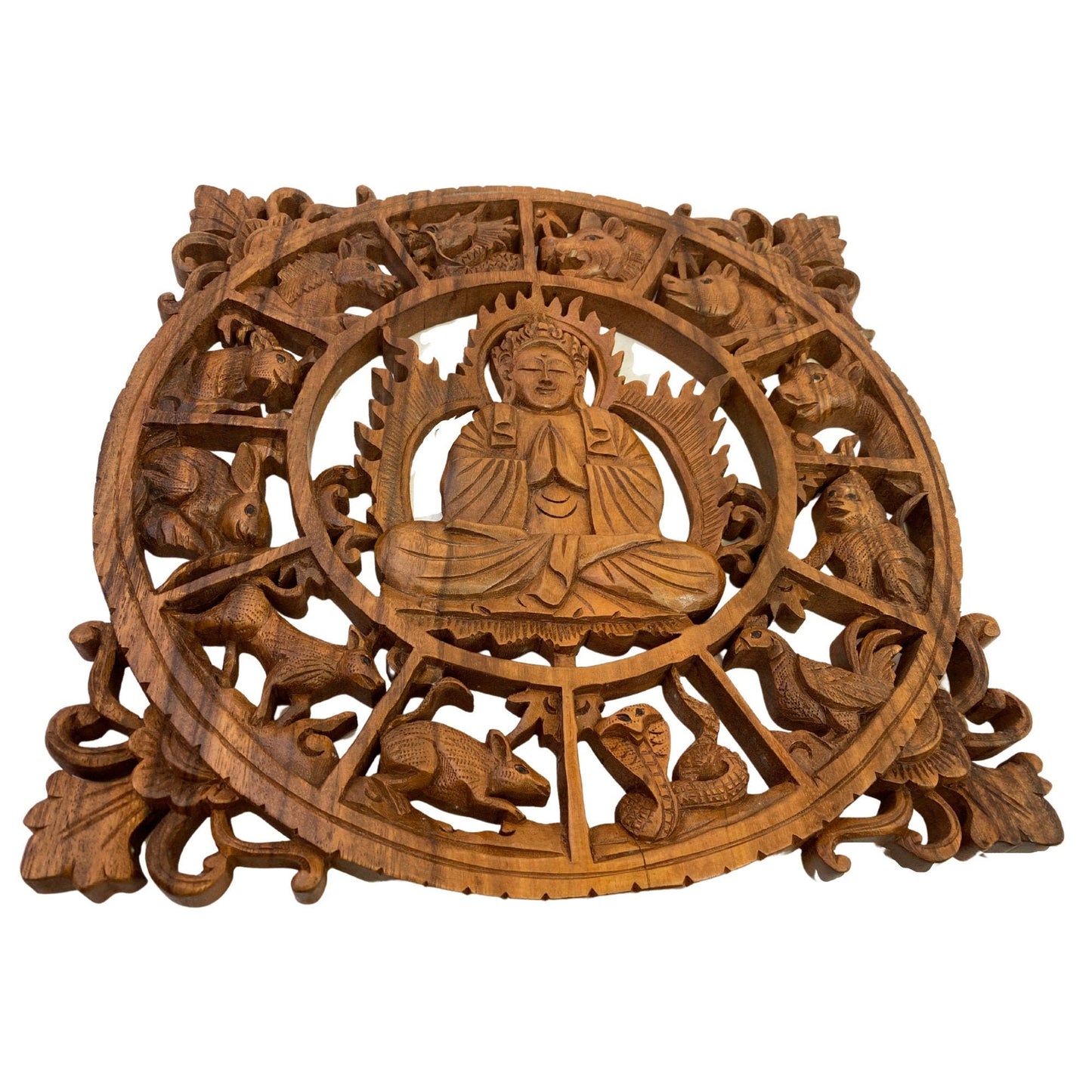 Chinese Zodiac Buddha Panel Hand Carved Suar Wood Carving Bali Wall Sculpture Asian Art
