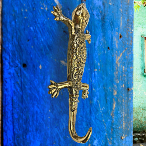 Gecko Wall Hook Lizard Embossed Lotus handmade solid brass coat hook gold  metal Home decor