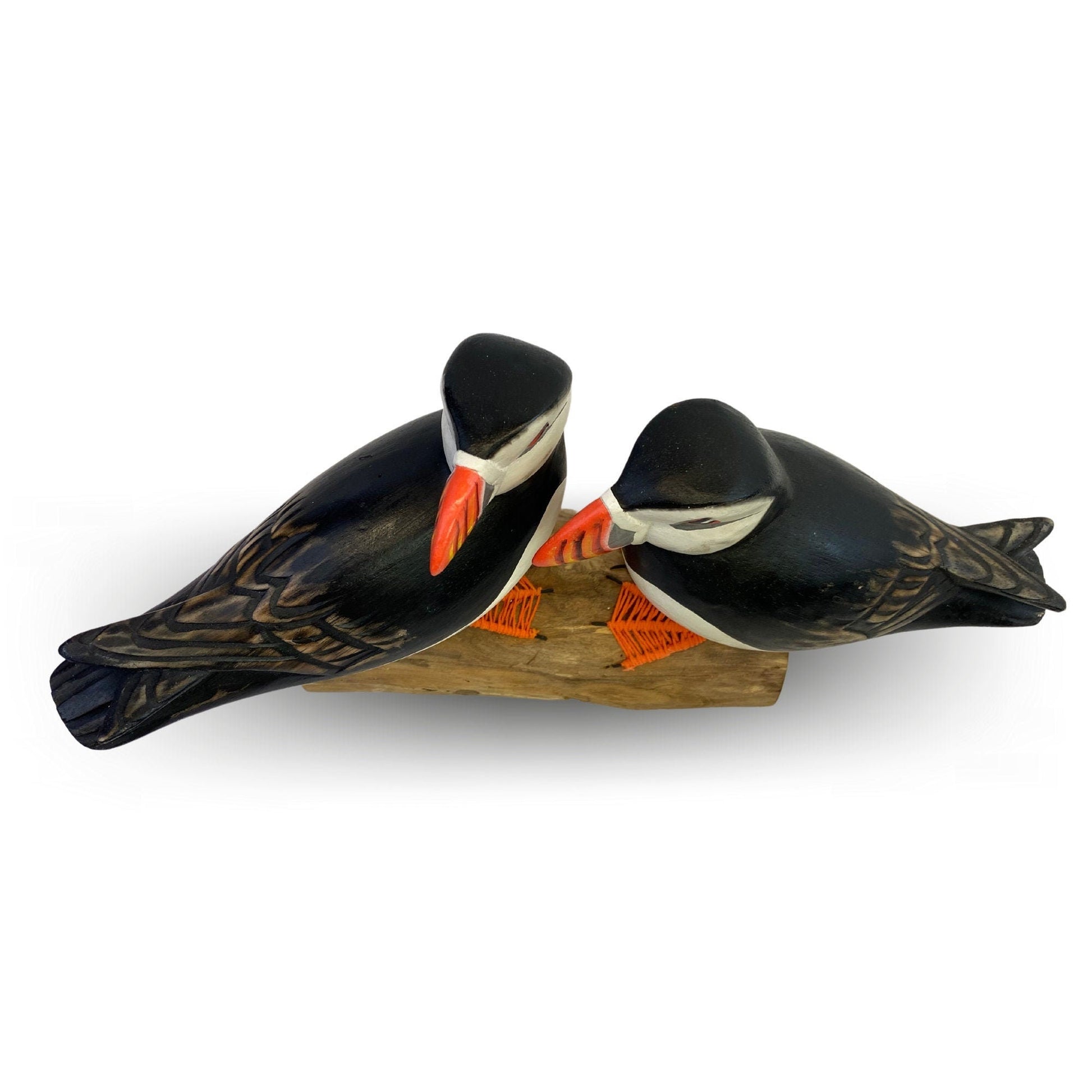 Twin Atlantic Puffin Birds Sculpture Hand carved & Painted Bird Wood Statue Sea bird wildlife carving Clown of the sea shore bird - Acadia World Traders