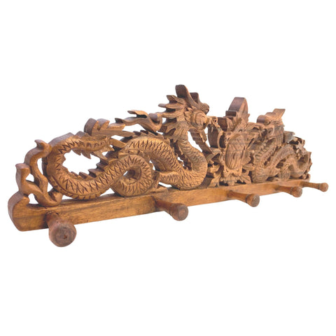 Balinese Twin Dragon Naga Lotus Coat Hook Relief Panel Hand Carved Wood Bali wall Art Asian Home Decor