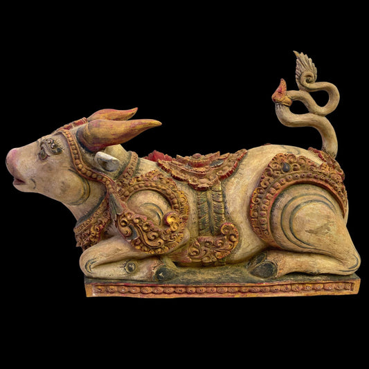 Old Balinese Vintage Nandi The Bull Pratima Sculpture Polychrome Hand Carved Cempaka Wood Statue Bali Indonesian temple Art