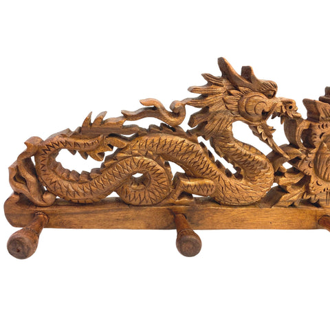 Balinese Twin Dragon Naga Lotus Coat Hook Relief Panel Hand Carved Wood Bali wall Art Asian Home Decor